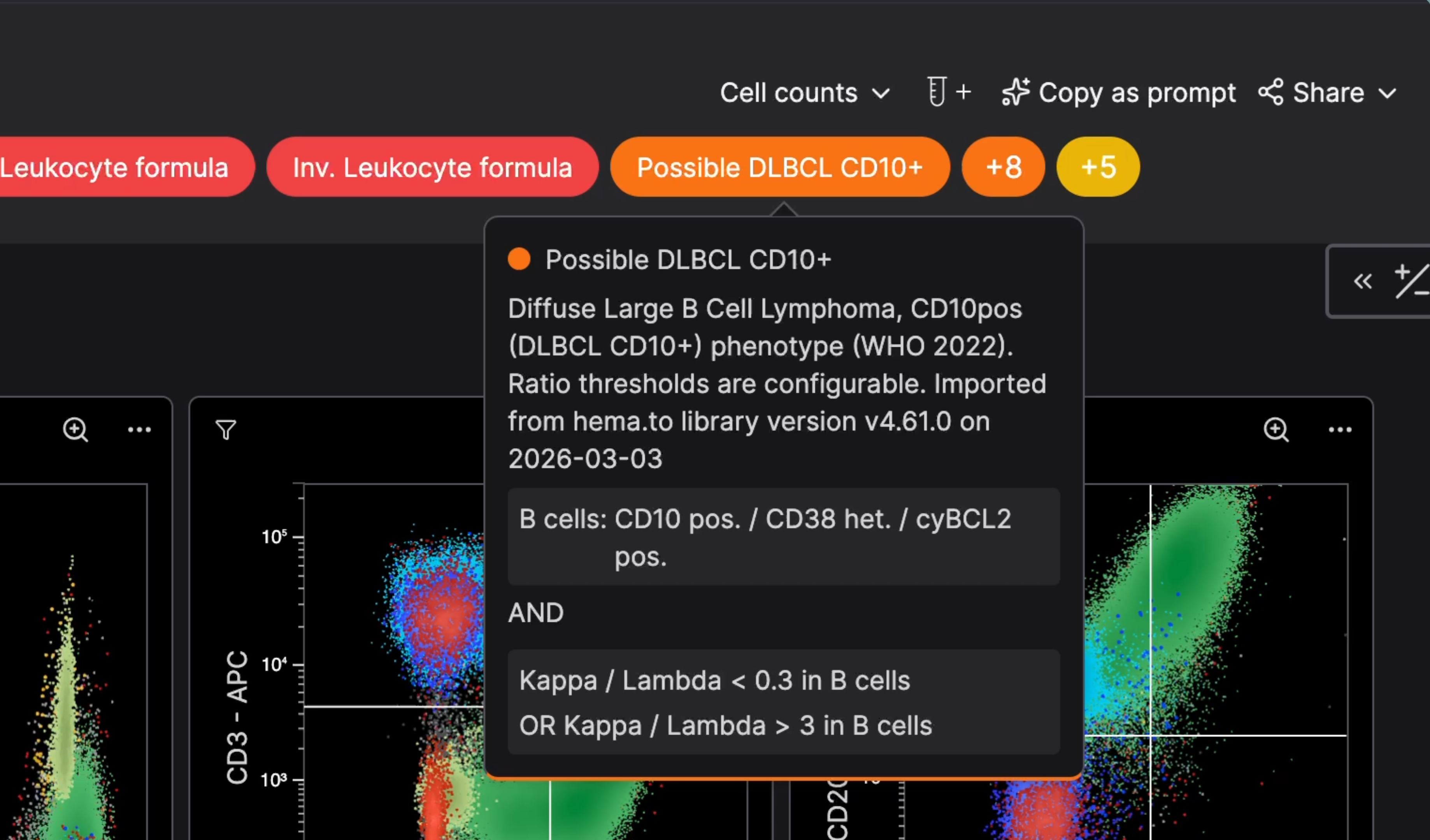 CellStudio case labels with details of a phenotype-based rule for possible DLBCL CD10+